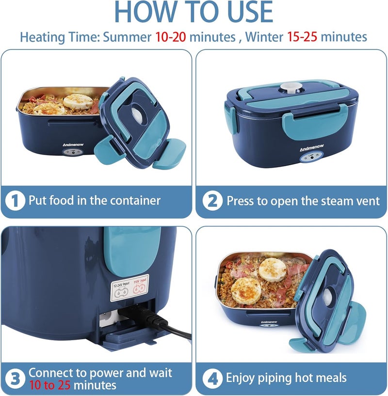 Andmenow Heated Lunch Box for Adults – 80W 1.5L Electric Lunch Box with 12/24/110V, Portable Food Warmer for Work & Travel | Stainless Steel Inner Pot | Lonchera Electrica Portatil para Hombres y Mujeres - Image 3